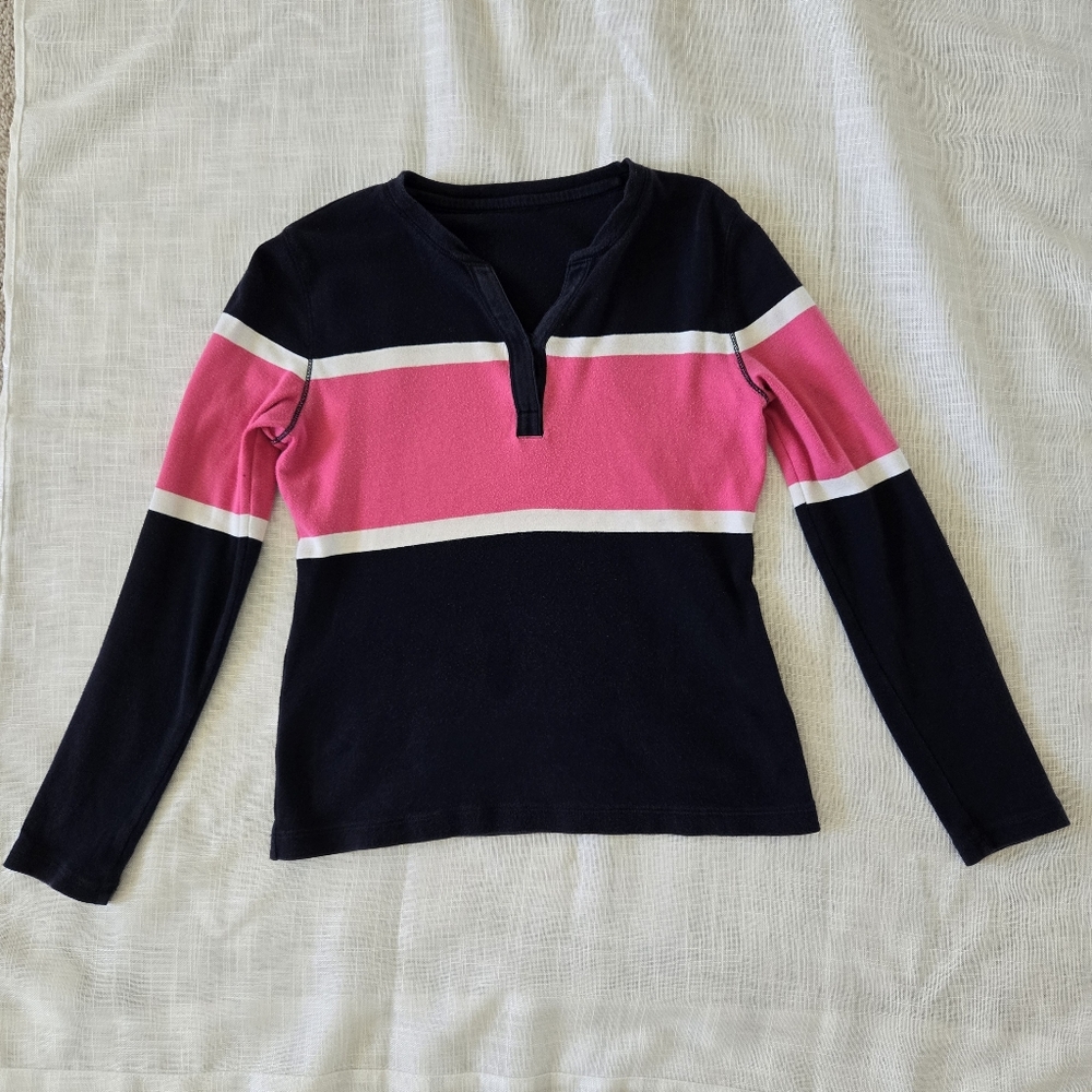 Chaps XS Henley Colorblock Navy & Pink 90s XS striped Long Sleeve VNeck T shirt